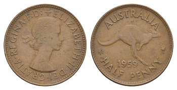 Австралия 1/2 пенни 1959 Елизавета II (1952-2022), Кенгуру KM 61 бронза 4150-537