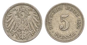 Германия 5 пфеннигов 1892 A, Вильгельм II (1888-1918) KM 11, J. 12 медно-никель 4639-1258