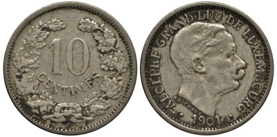 ЛЮКСЕМБУРГ 10 САНТИМОВ 1901 ВЕЛИКИЙ ГЕРЦОГ АДОЛЬФ (1890-1905) КМ 25 медно-никель 4538-722