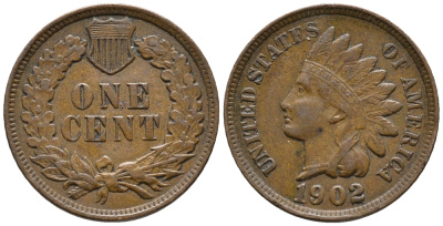 США 1 ЦЕНТ 1902 ГОЛОВА ИНДЕЙЦА KM 90а бронза 66-166