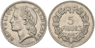 Франция 5 франков 1933 KM 888, Le Franc 336 никель 4607-843