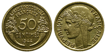Французская Западная Африка 50 сантимов 1944 редкая KM 1, Lec 1 алюминиевая бронза aUNC 4381-942