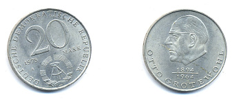 ГДР 20 марок 1973 А, Отто Гротеволь (1894-1964) KM 47 медно-никель 3333-443