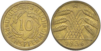 ГЕРМАНИЯ 10 РЕЙХСПФЕННИГОВ 1936 A KM 40, J. 317, Weege 9 алюминиевая бронза 210-432