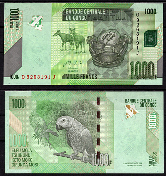 Конго 1000 франков 2013 Окапи, каноика, попугай, желтая кукуруза Pick 101 b бумага 6299-19-3-2