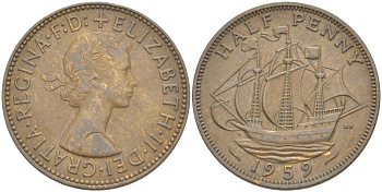 Великобритания 1/2 пенни 1959 Елизавета II (1952-2022) KM 896, Spink 4158 бронза 4544-121