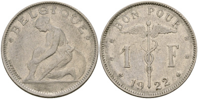 Бельгия 1 франк 1922 BELGIQUE KM 90 никель 73-1041