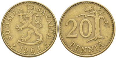ФИНЛЯНДИЯ 20 ПЕННИ 1963 S ПЕРВЫЙ ГОД KM 47 алюминиевая бронза 3718-1156