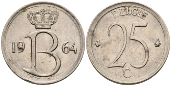 Бельгия 25 сантимов 1964 Belgie, Бодуэн I (1951-1993) KM 154.1 медно-никель 4564-928