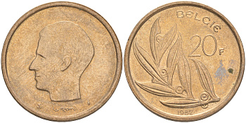 БЕЛЬГИЯ 20 ФРАНКОВ 1982 BELGIE KM 160 никель бронза 4556-657