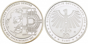 ФРГ 10 евро 2003 G, 200 лет Готфриду Земперу KM 227, DE.S. 10.11 серебро PROOF 1082-9-53