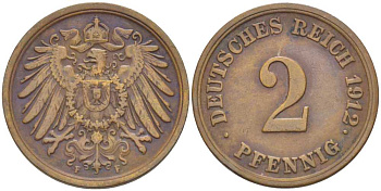 Германия 2 пфеннига 1912 F KM 16, J. 11, Weege 4 медь 206-628
