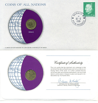 Монако 10 сантимов 1979 Ренье III (1949-2005), конверт с маркой первого дня гашения, Coins of Nations KM 142 алюминиевая бронза UNC 4294-70-3