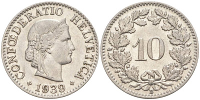 Швейцария 10 раппенов 1939 B KM 27b никель     201-357