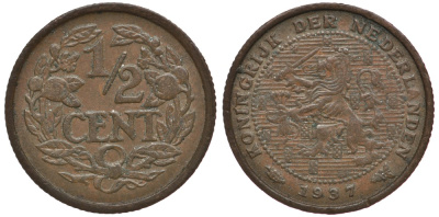 НИДЕРЛАНДЫ 1/2 ЦЕНТА 1937 ВИЛЬГЕЛЬМИНА I (1890-1948) KM 138 бронза 4381-653