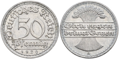 Германия 50 пфеннигов 1920 A KM 27, J.301, Weege 10 алюминий UNC 4584-716