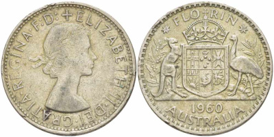 Австралия 1 флорин 1960 Елизавета II (1952-2022), герб Австралии KM 60 серебро 109-523