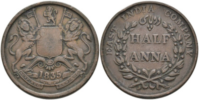 Британская Индия 1/2 анна 1835 M, Британская Ост-Индская компания, Мадрас, диаметр 30,8 мм. KM 447.1 медь 88-933