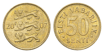 Эстония 50 сентов 2007 KM 24 латунь UNC 4689-741