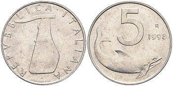 Италия 5 лир 1998 R, дельфин KM 92 алюминий  UNC  4594-963