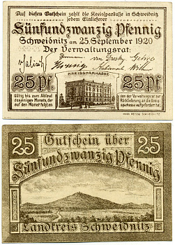 ШВЕЙДНИЦ (СВИДНИЦА ПОЛЬША) 25 ПФЕННИГОВ 1920 НОТГЕЛЬД, 25 СЕНТЯБРЯ 1920 Grabowski S61.2 бумага 7551-36-4-1