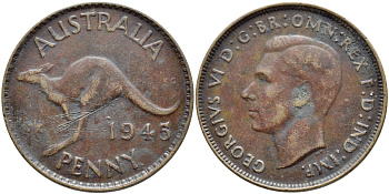 Австралия 1 пенни 1945 p, Георг VI (1937-1952), кенгуру KM 36 бронза 4394-342