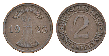 Германия 2 рентенпфеннига 1923 D KM 31, J.307, Weege 3 медь 4639-1231
