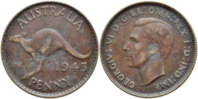 Австралия 1 пенни 1945 p, Георг VI (1937-1952), кенгуру KM 36 бронза 4394-342