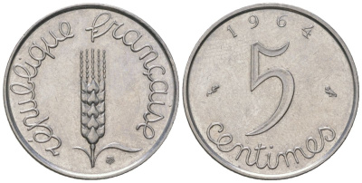 Франция 5 сантимов 1964 KM 927, Le Franc 124/6 нержавеющая сталь UNC 4164-1141