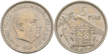 Испания 5 песет 1957 (74) Франсиско Франко (1939-1975) KM 786 медно-никель    4143-212