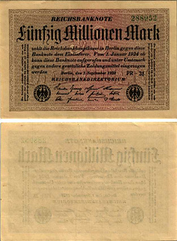 ГЕРМАНИЯ 50000000 МАРОК 1923 1 СЕНТЯБРЯ 1923, ВОДЯНОЙ ЗНАК G, БУМАГА БЕЛАЯ, НОМЕР ШЕСТИЗНАЧНЫЙ ЭЕЛЁНЫЙ, СЕРИЯ PR Pick 109f , Rosenberg 108l бумага 444-148-2-2