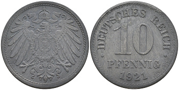 ГЕРМАНИЯ 10 ПФЕННИГОВ 1921 KM 26, J. 299 цинк 190-354