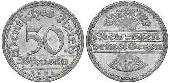 Германия 50 пфеннигов 1921 A KM 27, J. 301 алюминий 4163-1156