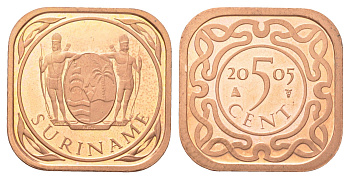 Суринам 5 центов 2005 тираж 1500 экземпляров KM 12b сталь плакированная медью BU 4625-322