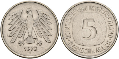 ФРГ 5 марок 1975 F, монетный двор Штутгарт КМ 140.1, J. 415 медно-никель плакированный никелем   4149-521