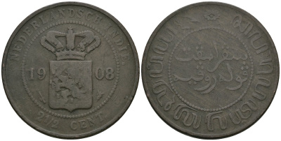 Нидерландская Ост-Индия 2 1/2 цента 1908 Вильгельмина (1890-1948) KM 308 медь 81-732