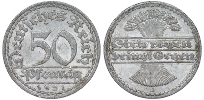 Германия 50 пфеннигов 1921 A KM 27, J. 301 алюминий 4163-1156