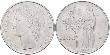 ИТАЛИЯ 100 ЛИР 1962 R, АФИНА У ОЛИВКОВОГО ДЕРЕВА KM 96.1 нержавеющая сталь 4545-631