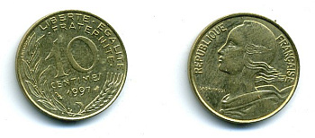ФРАНЦИЯ 10 САНТИМОВ 1997 ТИП MARIANNE KM 929 медь алюминий никель 46-329