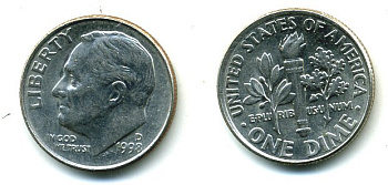США 10 ЦЕНТОВ = 1 ДАЙМ 1998 D, РУЗВЕЛЬТ KM 195а медь плакированная медно-никелем 46-2542