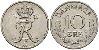 ДАНИЯ 10 ЭРЕ 1961 C; S, ФРЕДЕРИК IX (1947-1972) KM 849.1 медно-никель 100-262