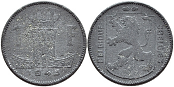 БЕЛЬГИЯ 1 ФРАНК 1943 BELGIQUE-BELGIE KM 127 цинк 4395-434