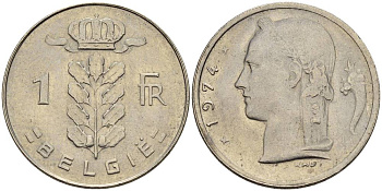 БЕЛЬГИЯ 1 ФРАНК 1974 BELGIE KM 143.1 медно-никель 4546-422