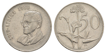 ЮАР 50 центов 1968 Окончание президентства Чарльза Сварта, Suid Africa, легенда на африкаанс KM 79.2 никель 4601-933