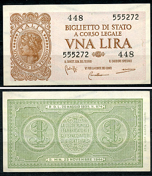 Италия 1 лира 1944 подписи Bolaffi, Cavallaro, Giovinco Pick 29 b, Grapanzano BS 8  бумага  aUNC 8614-9-4-1
