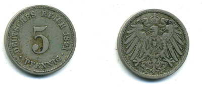 ГЕРМАНИЯ 5 ПФЕННИГОВ 1891 A, KM 11, J. 12 медно-никель 54-364