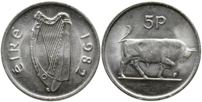 ИРЛАНДИЯ 5 ПЕНСОВ 1982 БЫК KM 22 медно-никель 4525-1133