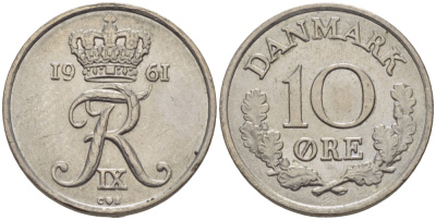 ДАНИЯ 10 ЭРЕ 1961 C; S, ФРЕДЕРИК IX (1947-1972) KM 849.1 медно-никель 100-262
