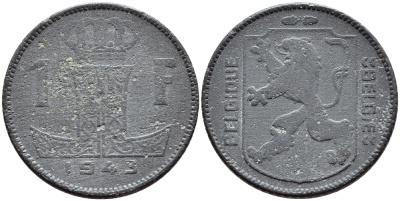 БЕЛЬГИЯ 1 ФРАНК 1943 BELGIQUE-BELGIE KM 127 цинк 4395-434