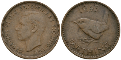 Великобритания 1 фартинг 1943 Георг VI (1936-1952) KM 843, Spink 4116 бронза 08-1412